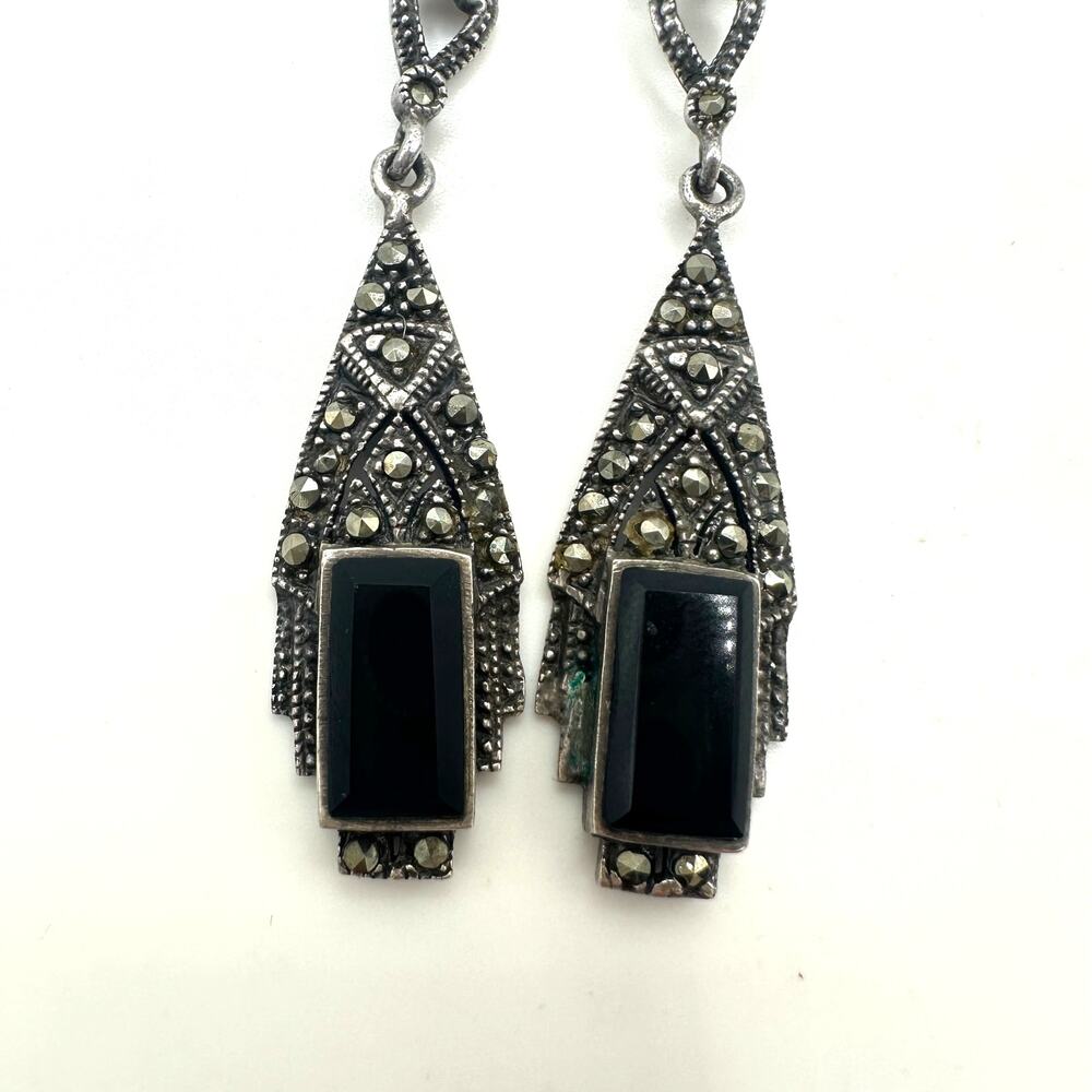 Art Deco Revival sterling silver genuine black onyx marcasite post drop earrings - Picture 3 of 10